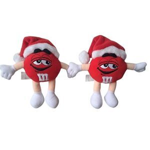 STAIN Mars M&M's Plush Christmas Holiday Ornament Red w/ santa hat toy vtg 6" 7